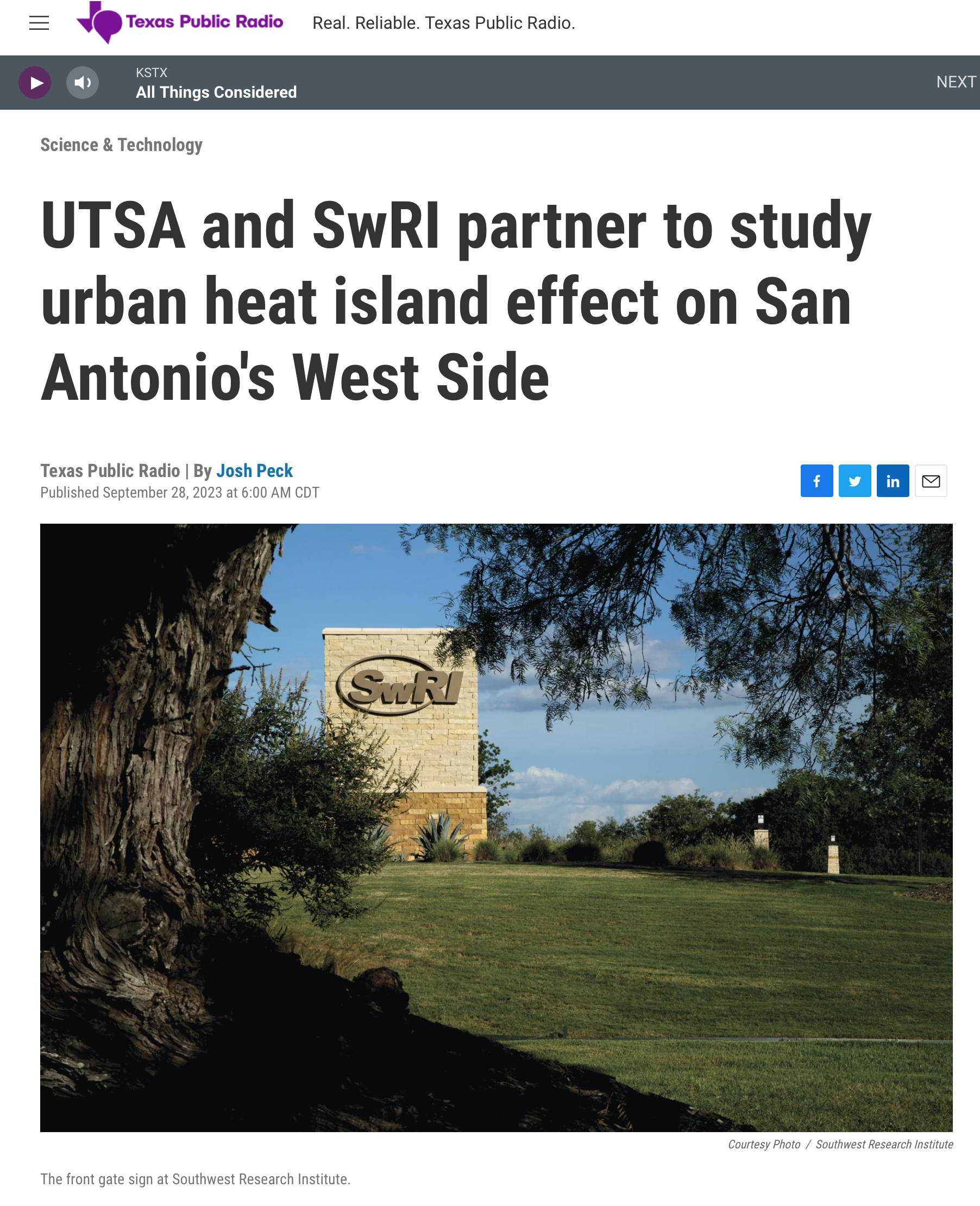 Texas Public Radio coverage of the urban heat study
