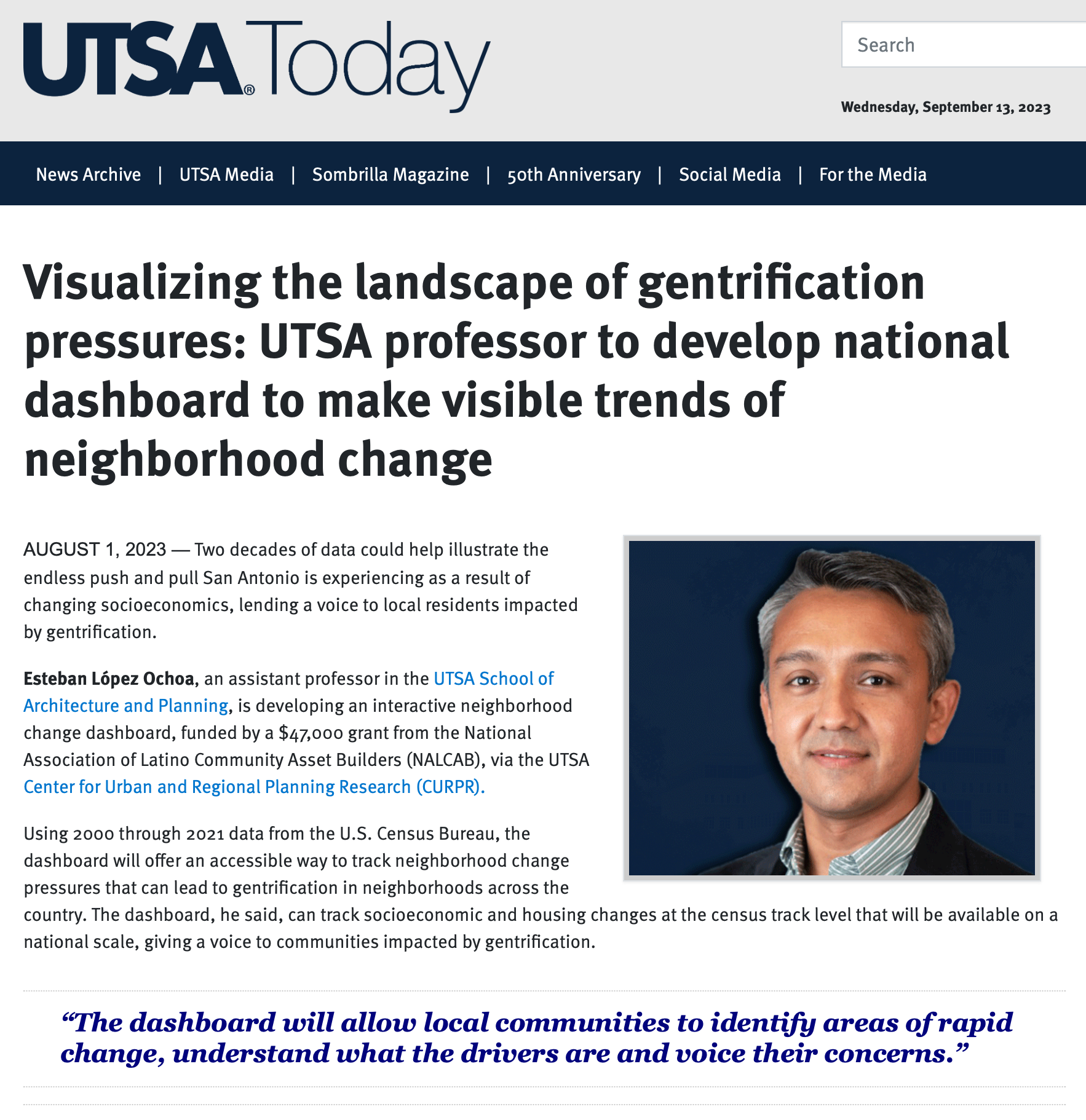 UTSA Today neighborhood change dashboard story